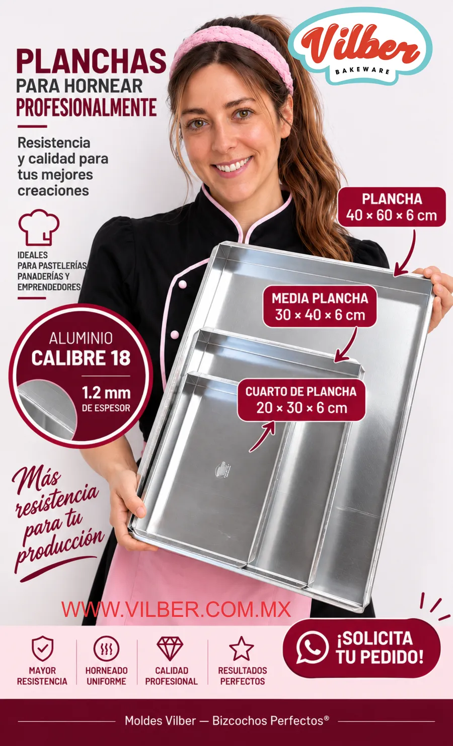 Kit 3 Planchas Anidables Vilber® — Plancha 40x60, Media Plancha 30x40 y Cuarto de Plancha 20x30 cm, calibre 18